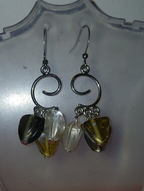 Hand Crafted Silver Swirl Dangle Earrings with Amber, Clear & Grey Glass Beads